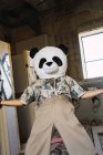 Uomo con testa di panda peluche — Foto stock