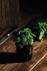 Vista ravvicinata del mazzo di broccoli di bimi freschi in vetro sul tavolo di legno — Foto stock