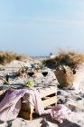 Natureza morta de copos com vinho e prato com uva branca em caixa na praia de verão . — Fotografia de Stock