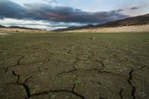 Surface level view of dry riverbed due to drought under tough clouds — Stock Photo