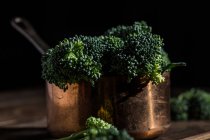 Still life of fresh bimi broccolis in copper sauce pot on wooden table — Stock Photo