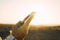 Crop vale Hände surfen Smartphone auf dem Hintergrund des sonnenbeschienenen Tals — Stockfoto