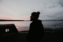 Silhouette dell'uomo in piedi sulla nave sullo sfondo del mare al crepuscolo — Foto stock