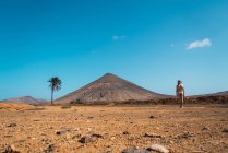 Visão traseira do homem nu posando na paisagem tropical do deserto — Fotografia de Stock