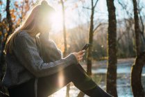 Vista lateral del teléfono inteligente de navegación de mujer iluminada por el sol en bosques de otoño - foto de stock