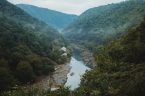 Вид на річку, що тече в ущелині між двома зеленими пагорбами . — стокове фото