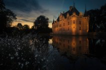 Illuminated historic castle at lake with small white flowers in evening. — Stock Photo