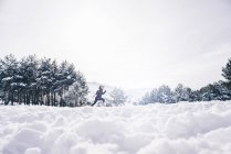 Вид збоку спортивна жінка біжить у засніженій сільській місцевості — стокове фото