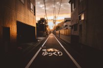 Perspective view to asphalt walkway in town in sunset lights. — Stock Photo