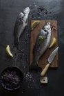 Сырой морской окунь на деревянной доске с ломтиками лимона и ножом — стоковое фото