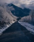 Estrada de asfalto em montanhas nevadas de inverno no campo . — Fotografia de Stock