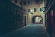 View to building facade with archway and pedestrian on street at night. — Stock Photo