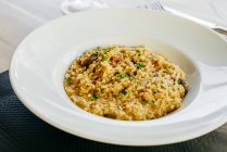 Крупный план риса с мясом на тарелке — стоковое фото