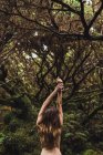 Rear view of nude model posing with arms raised in green trees — Stock Photo