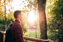 Junger Mann steht auf Brücke im sonnigen Park — Stockfoto