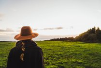 Visão traseira da mulher usando chapéu e posando no fundo de colinas verdes — Fotografia de Stock