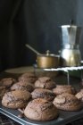 Gros plan des muffins au chocolat dans la plaque à pâtisserie — Photo de stock