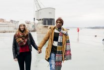 Jovem casal multirracial de pé e de mãos dadas no porto . — Fotografia de Stock