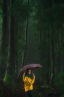 Seitenansicht einer Frau mit Regenschirm im windigen Wald — Stockfoto