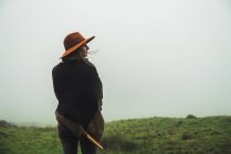 Visão traseira da mulher posando em campos nebulosos verdes — Fotografia de Stock