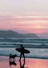 Vista lateral do surfista homem andando com cão e bordo na costa à noite . — Fotografia de Stock