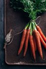 Куча свежей моркови с катушкой на темном металлическом фоне — стоковое фото