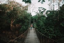 ЛАОС, 4000 ОСТРОВ АРЕЯ: Мужчина без рубашки в джинсах пересекает веревочный мост в тропической сельской местности . — стоковое фото
