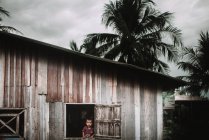 LAOS, 4000 ISLAS ÁREA: Niño mirando por la ventana - foto de stock