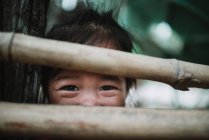 LAOS, 4000 ISOLE AREA: Ragazza allegra guardando la fotocamera attraverso la recinzione rurale — Foto stock