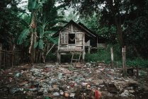 Montón de basura tirado cerca de la casa de madera en la aldea asiática
. - foto de stock