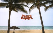 Знак барної таблички, що звисає між долонями на пляжі — стокове фото