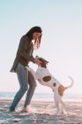 Весела жінка з маленьким собакою на піщаному березі в сонячний день . — стокове фото