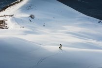 Vista lejana de la persona esquiando en la pendiente de nieve soleada - foto de stock