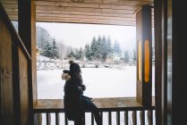 Menina bonita na janela da cabine olhando para a paisagem nevada. — Fotografia de Stock