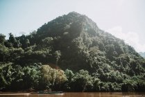 Каноэ плывет по реке вдоль зеленой горы — стоковое фото