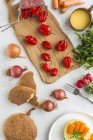 Directly above view of fresh red peppers on table — Stock Photo