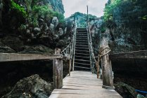 Kleine Holzbrücke und Treppe in tropischen Bergen. — Stockfoto