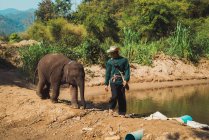 CHIANG RAI, THAILAND- FEBRUARY 12, 2018: Asian man with elephant at shore of lake — Stock Photo