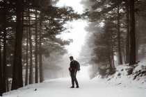 Vue latérale d'un touriste debout dans une forêt sempervirente couverte de neige. LIBÉRATION — Photo de stock