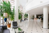 Vue sur grand hall avec plantes en pot à l'hôtel — Photo de stock