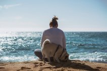 Вид сзади женщины, сидящей на берегу моря в весенний день с собакой-мопсом — стоковое фото