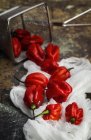 Natura morta di peperoni rossi freschi su tessuto bianco rurale a tavola — Foto stock