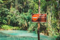 Pas de panneau d'interdiction d'entrée accroché au poteau au lac bleu dans la jungle — Photo de stock