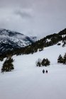 Rear view of people walking through snow on the mountain — Stock Photo