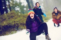Laughing friends playing snowballs in winter woods — Stock Photo
