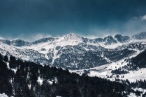 Landscape of severe mountains covered with snow and black trees growing on slopes. — Stock Photo