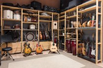 Shelves with musical instruments — Stock Photo