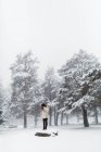 Mulher em pé na rocha na floresta nevada — Fotografia de Stock