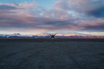 Жінка ходить в горах в сутінках — стокове фото
