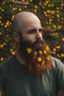 Человек с цветами в бороде — стоковое фото